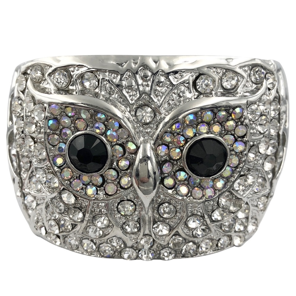 Owl Face Silver Rhinestone AB Iridescent Chunky Wide Statement Cuff Bracelet